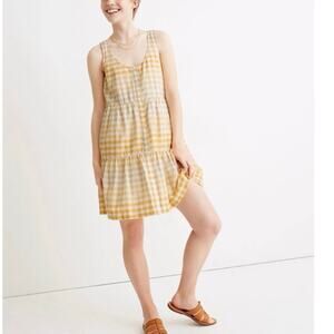 Madewell Button-Front Tiered Midi Dress Yellow Gold Plaid size Large